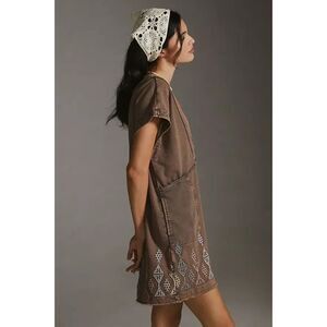 Daily Practice Anthropologie Mini Dress Brown Embroidered Women's Medium NWT